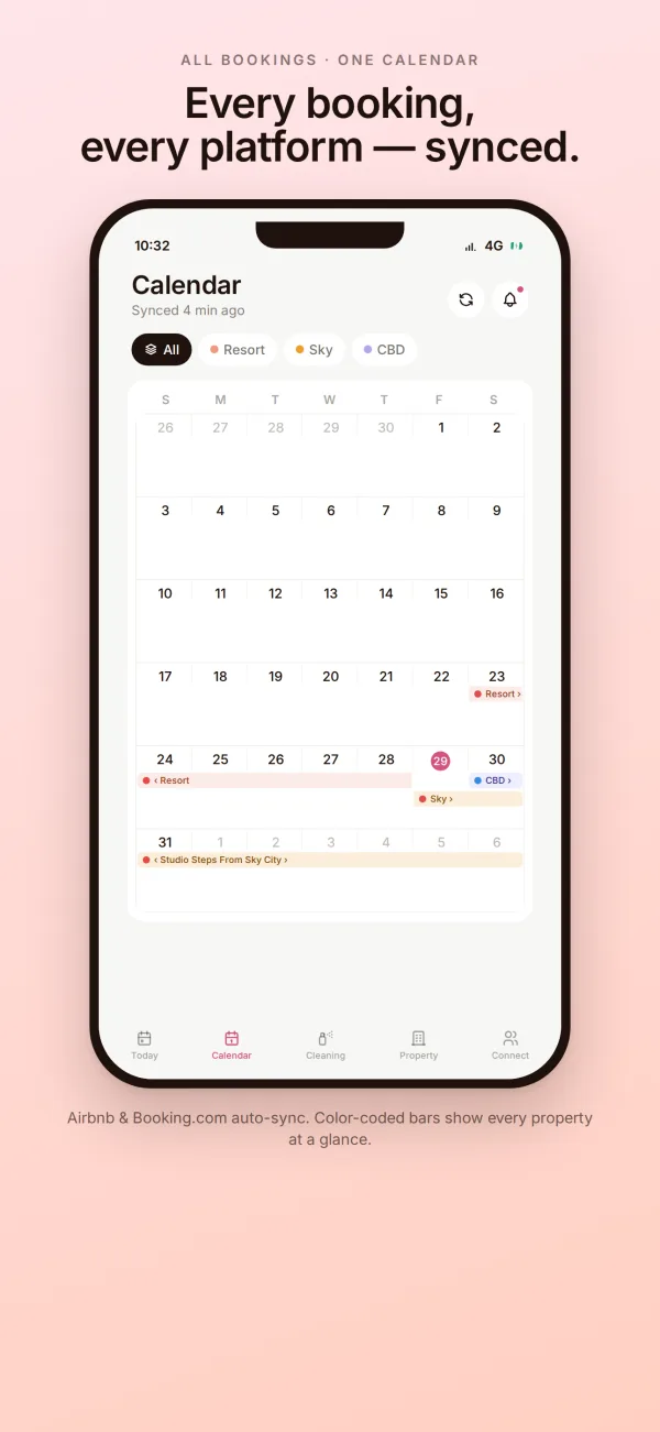 Hostmaster app calendar screen: a month view with colour-coded booking bars for each property and a platform dot on every stay