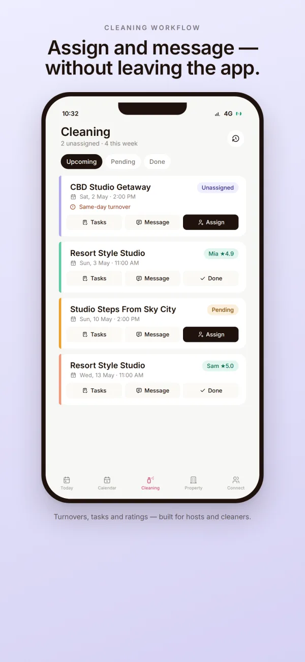 Hostmaster app Cleaning screen with upcoming turnovers and Tasks, Message and Assign buttons on each clean