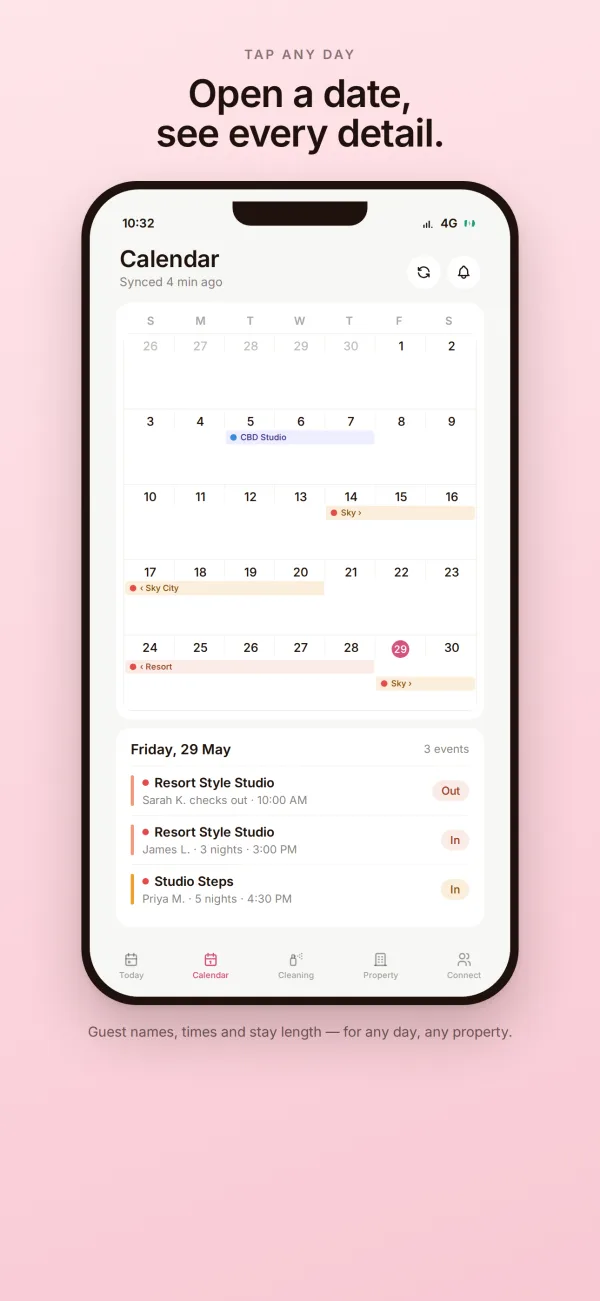 Hostmaster app calendar with one day opened to show each guest's name, check-in time and length of stay
